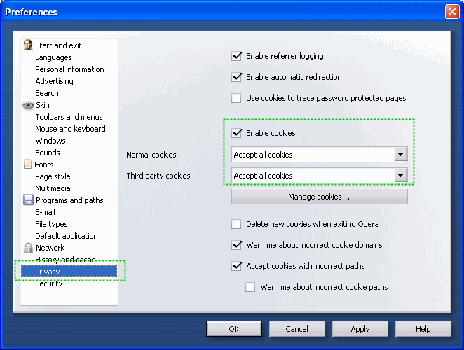 Enableing Cookies in Opera